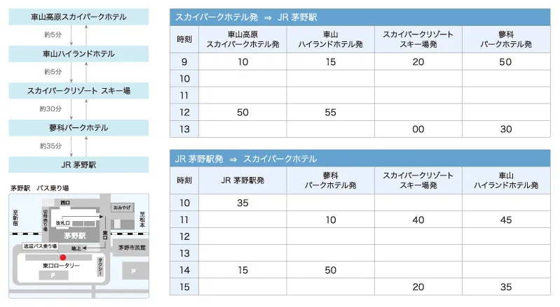送迎バス時刻表：車山高原スカイパークホテル・スキー場 〜 JR茅野駅便